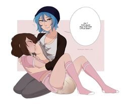 ageplay breast breastfeeding chloe_price crying diaper life_is_strange max_caulfield merunyaa messy_diaper nursing scat soiling speech_bubble tears text yuri