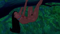 1girls big_breasts black_hair breasts dark-skinned_female dark_skin disney disney_princess edit editfag female female_only human legs lipstick long_hair native_american necklace nipples nude open_mouth pocahontas pocahontas_(character) pubic_hair pussy screenshot screenshot_edit solo teeth tongue tree upside-down