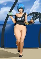 barely_clothed blue_eyes blue_hair bottomless breasts cleavage female hips io_(syntheticpotato) looking_at_viewer original_character pussy short_hair solo solo_focus syntheticpotato thighs tight_pussy wide_hips