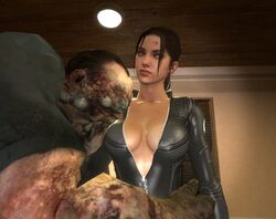 1girls 3d blue_eyes bodysuit boomer brown_hair cleavage cross-eyed female infected large_breasts left_4_dead male tagme zoey_(left_4_dead) zombie