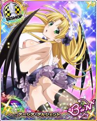 ahoge asia_argento ass bat_wings blonde_hair blush breasts butt_crack eyebrows_visible_through_hair female floating_hair green_eyes headdress high_school_dxd long_hair looking_back medium_breasts mobage nipples open_mouth ribbon sideboob skirt solo thighhighs topless wings