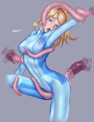 arm_grab arm_up blonde_hair blue_eyes blush bodysuit breasts cleavage eyebrows_visible_through_hair female grey_background half-closed_eyes highres human interspecies long_hair medium_breasts metroid moaning neck nintendo open_mouth otonaru ponytail rubbing samus_aran simple_background skin_tight tentacle tight_clothing zero_suit zero_suit_samus