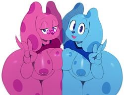 2girls anthro anthrofied blue's_clues blue_(blue's_clues) blue_eyes bottomless breasts canine clothing eyewear female female_focus female_only furry glasses magenta_(blue's_clues) nickelodeon nipple_piercing nipples shirt simple_background sssonic2 thick_thighs thighs wide_hips