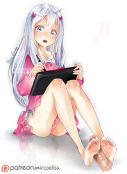 barefoot blue_eyes drawing_tablet eromanga_sensei feet female femdom foot_fetish footjob izumi_sagiri long_hair no_shoes panties patreon penis pussy silver_hair soles stylus toes very_long_hair watermark yo-nashi