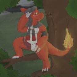 anthro blush branch charmeleon cum cum_on_penis erection flaming_tail kairyu211 male male_only mostly_nude night nintendo on_branch outside penis pokémon_(species) pokemon semi-anthro solo tree video_games