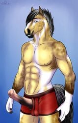 2017 5_fingers abs animal_genitalia animal_penis anthro black_hair black_skin blue_background blue_eyes brown_skin bulge cinta clothing equine equine_penis erection eyebrows hair horse horsecock looking_at_viewer male male_only mammal medial_ring multicolored_hair multicolored_skin muscular penis pubes simple_background smile snout solo standing tan_skin underwear white_hair white_skin