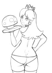 1girls black_and_white female female_only looking_at_viewer looking_back mario_(series) monochrome mushroom nintendo panties princess_daisy raccoon-in-disguise rear_view simple_background smile solo standing super_mario_bros. topless