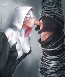 bodysuit breasts cleavage erection fellatio fellatio_domination female femdom gwen_stacy male malesub marvel mask masked masked_female oral otonaru penis rape restrained_by_web reverse_forced_oral reverse_rape spider-gwen spider-man_(series) straight upside_down_fellatio