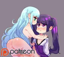 1futa 1girls 2016 artist_name blue_hair character_request futanari gray_background green_eyes grey_background heart-shaped_pupils kissing lewdishsnail patreon penis precum purple_eyes purple_hair pussy puzzles_and_dragons saliva_trail trap