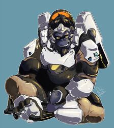 anthro ape balls beard black_hair blizzard_entertainment blue_background clothed clothing eyewear facial_hair flaccid glasses gorilla grin hair hi_res holding_penis humanoid_penis looking_at_viewer male male_only mammal nokemy overwatch penis primate simple_background sitting slightly_chubby smile solo uncut video_games winston_(overwatch) yellow_eyes