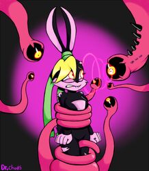 2015 5_fingers anthro black_nose black_sclera blonde_hair bodysuit bondage bound breasts clothed clothing crotch_rub dr._chaos eye_contact female glowing glowing_eyes hair lagomorph lexi_bunny loonatics_unleashed looney_tunes low_res mammal mind_control rabbit simple_background solo tentacle tight_clothing torn_clothing upset warner_brothers