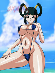 10s 1girls bare_shoulders beach bikini black_eyes breasts cleavage cloud curvy dicasty dragon_ball dragon_ball_super dragon_ball_z female female_focus female_only green_hair highres huge_breasts large_breasts long_hair looking_at_viewer nail_polish navel ocean shiny_skin sky slingshot_swimsuit smile solo stomach swimsuit thick_thighs thighs water yurin