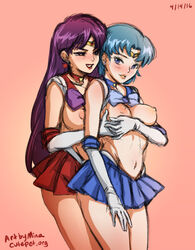 2girls ami_mizuno bare_legs big_breasts bishoujo_senshi_sailor_moon black_eyes blue_bow blue_choker blue_eyes blue_hair blue_skirt blush bow breast_grab breast_hold breast_press breasts breasts_out choker circlet couple dated earrings elbow_gloves female female_only gloves grabbing grabbing_from_behind grin half-closed_eyes hand_holding highres jewelry legs lips lipstick long_hair looking_at_another looking_back magical_girl makeup midriff minacream miniskirt mutual_yuri navel neck necklace nipples orange_lipstick parted_lips pink_background pleated_skirt purple_bow purple_hair red_choker red_lipstick red_skirt rei_hino romantic sailor_mars sailor_mercury short_hair simple_background skirt sleeveless smile standing star star_necklace super_sailor_mars super_sailor_mercury topless white_gloves yuri