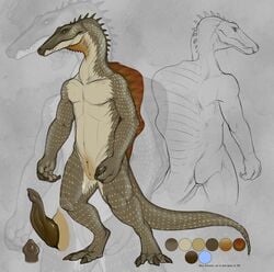 2017 animal_genitalia anthro ass brown_eyes brown_skin claws color_swatch cutaway dinosaur english_text erection frill front_view genital_slit grey_background grey_skin looking_at_viewer male model_sheet multiple_angles nude penis penis_tip rear_view simple_background slit solo spikes spinosaurus spots standing tafari teeth text unusual_penis white_skin white_spots yaroul