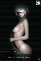 alternate_costume artist_name bangs blindfold female limgae mole mole_under_mouth nier nier:_automata patreon short_hair solo virgin_killer_sweater web_address white_hair yorha_2b