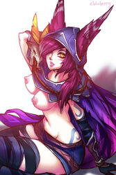 areolae bird_girl breasts breasts_out cloak ebluberry feathers female female_only fluffy_ears hood league_of_legends looking_at_viewer nipples nose_piercing nose_ring piercing riot_games sitting solo tattoo vastaya xayah