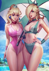 2girls beach bikini blonde_hair blue_bikini blue_eyes bracelet breasts choker cleavage clouds crown day duo earrings female female_only hair_over_one_eye hand_on_hip holding_umbrella human large_breasts long_hair looking_at_viewer mario_(series) mario_kart midriff multiple_girls navel nintendo one-piece_swimsuit open_mouth outside phamoz pink_one-piece_swimsuit ponytail princess_peach princess_rosalina race_queen sky star_earrings swimsuit thighs umbrella water