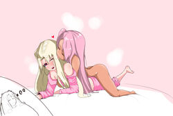 2girls absurdres all_fours arm_support ass bare_shoulders barefoot biting blonde_hair blush breast_grab chloe_von_einzbern closed_eyes clothed_female_nude_female clothing cowgirl_position dark_skin dreaming ear_biting fate/kaleid_liner_prisma_illya fate_(series) female female_only grabbing heart highres hug illyasviel_von_einzbern long_hair lying multiple_girls nude off_shoulder on_stomach one_eye_closed open_mouth pajamas pajamas_pull pants pants_pull pink_hair pink_pajamas pink_shirt red_eyes shirt sleeping straddling wince yuri