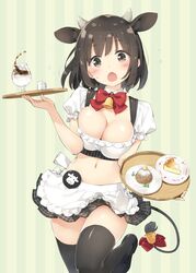 bell black_hair blush cleavage cow_ears cow_girl cow_horns cow_tail female legwear navel open_mouth original peko ribbon skirt solo waitress