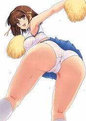 :d alternate_costume armpits ass ass_focus blush breasts brown_eyes brown_hair cameltoe cheerleader erect_nipples female from_behind hair_ribbon hairband haruhisky highres kneepits large_breasts looking_back nipples no_bra open_mouth panties pantyshot pom_poms pov_ass ribbon see-through short_hair skirt smile solo suzumiya_haruhi suzumiya_haruhi_no_yuuutsu sweat trefoil underwear upskirt