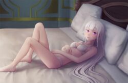 bra breasts cleavage emilia_(re:zero) female female_only long_hair looking_at_viewer panties purple_eyes re:zero_kara_hajimeru_isekai_seikatsu solo white_hair zoryc