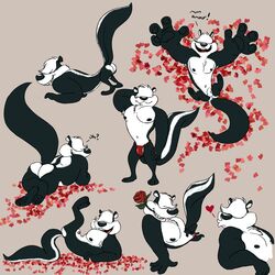 anthro ass balls clothing cseed flower_in_mouth heart male male_only mammal penis pitu_le_pew rose_in_mouth skunk smooth_fur underwear