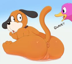 acstlu anthro anus ass avian bird black_nose canine collar duck duck_hunt duck_hunt_dog duck_hunt_duck duo female mammal nintendo open_mouth pussy rear_view rule_63 simple_background text tongue video_games