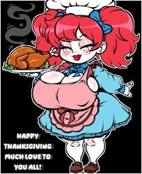 apron big_breasts blue_dress blush breasts chef_hat closed_eyes dress freckles freckles_on_face huge_breasts poppy_(poppy_playtime) poppy_playtime red_hair red_lipstick shortstack smile smiling tagme thanksgiving turkey white_skin yungcreateart