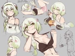 ahoge animal_ears arbuzbudesh bare_shoulders book bra braid braided_ponytail breasts burger female ferret_ears ferret_girl ferret_tail food green_hair green_tail hairband highres laimu multicolored_tail oversized_clothes pink_shorts reading sauce shorts sloppy sweater tail teasing tits underwear vinesauce virtual_youtuber vtuber white_hair white_tail