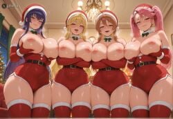 4girls ai_generated big_breasts blonde_hair blue_eyes blush breast_grab breasts breasts_out brown_eyes brown_hair busujima_saeko chocker christmas closed_mouth crossed_arms cuffs curvy curvy_body curvy_female curvy_figure curvy_hips curvy_thighs embarrassed female female_only from_below fur_gloves gitaniai gloves grabbing grabbing_breasts grabbing_own_breast happy head_tilt highschool_of_the_dead holding_gift huge_breasts incoming_gift large_breasts light-skinned_female long_hair looking_at_viewer marikawa_shizuka mature_female miyamoto_rei multiple_girls narrow_waist naughty_face nipples open_nipples pink_hair ponytail ponytails purple_hair red_elbow_gloves rei_miyamoto saeko_busujima saliva santa_hat saya_takagi shiny_skin shizuka_marikawa shorts side-by-side smirk standing takagi_saya thick thick_boobs thick_thighs thighhighs uncensored white_fur