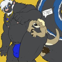 2016 anthro belly bite biting_another black_body black_fur blue_eyes brown_body brown_fur bulge claws colored dialogue duo feet fur hair jewelry male male/male mammal membrane_(anatomy) mephitid musclegut muscular mustelid necklace nipples otter otter_tail pandottermon simple_background skunk skunk_tail teeth toes webbed_feet white_hair yellow_background yellow_eyes