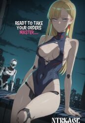 1boy 1girls ai_generated android cleavage dusk_beyond_the_end_of_the_world english_text hi_res highres leotard master nipple_bulge nipples ntrkage robot robot_girl towa_no_yuugure