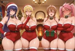4girls ai_generated big_breasts blonde_hair blue_eyes blush breasts brown_eyes brown_hair busujima_saeko chocker christmas closed_mouth cuffs curvy curvy_body curvy_female curvy_figure curvy_hips curvy_thighs embarrassed female female_only fur_gloves gitaniai gloves happy head_tilt highschool_of_the_dead holding_gift huge_breasts incoming_gift large_breasts light-skinned_female long_hair looking_at_another looking_at_viewer marikawa_shizuka mature_female miyamoto_rei multiple_girls narrow_waist naughty_face pink_hair ponytail ponytails purple_hair red_elbow_gloves rei_miyamoto saeko_busujima santa_hat saya_takagi shizuka_marikawa shorts side-by-side standing takagi_saya thick thick_boobs thick_thighs thighhighs uncensored white_fur
