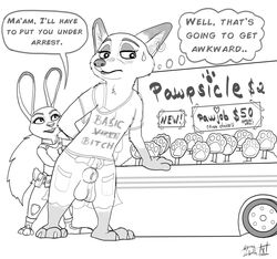 2017 anthro barefoot black_and_white blush canine clothed clothing crossdressing disney female food fox fur hyenatig_(artist) judy_hopps lagomorph long_ears male male_focus mammal monochrome nick_wilde nude pawpsicle popsicle predator/prey rabbit sign size_difference skirt testicles x-ray zootopia