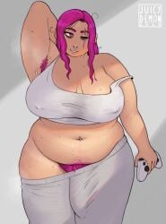 1futa armpit_hair chubby chubby_futa futa_only futanari happy_trail huge_breasts human juicydemon large_breasts pubic_hair solo solo_futa standing sweat treasure_trail voluptuous