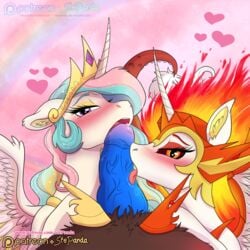 1boy 2017 2girls alicorn blue_penis blush collaborative_fellatio daybreaker_(mlp) discord_(mlp) duo_focus equine eyelashes feathered_wings feathers fellatio fellatio_from_feral female feral first_person_view friendship_is_magic group hair heart horn licking long_hair male male_on_feral male_pov mammal multicolored_hair multiple_girls my_little_pony oral patreon penis penis_lick princess_celestia_(mlp) purple_eyes sex stepandy straight teamwork tongue tongue_out wings