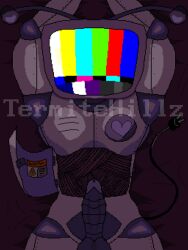 1boy cum deltarune ejaculation exposed_wires flustered hands_above_head leaking_cum male_focus robot robot_dick screen_face tenna_(deltarune) termitehillz uncensored