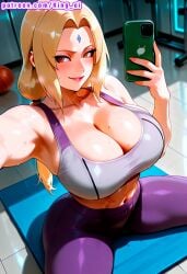 1female 1girls absurd_res ai_assisted ai_generated ass ass_focus big_ass big_breasts big_butt big_thighs blonde_hair boruto breasts buttocks diamond_mark female forehead_mark from_behind grey_sports_bra gym gym_clothes high_resolution highres indoors king_ai large_ass large_breasts large_butt leggings long_hair looking_at_viewer massive_ass massive_breasts massive_butt massive_thighs mirror mirror_selfie muscular_female naruto naruto_(series) naruto_shippuden ponytail purple_leggings rear_view selfie smartphone spandex sports_bra sportswear stable_diffusion sweat thick_ass thick_butt thick_legs thick_thighs thighs tsunade tsunade_senju wet_skin