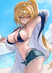 1girls absurdres arm_behind_head arm_up armpit_focus armpits bare_shoulders beach bikini blonde_hair blue_bikini blue_shorts breasts chowol cleavage closed_mouth commission cowboy_shot cutoffs denim denim_shorts eterna female female_only halterneck hand_up heterochromia highres jacket large_breasts long_hair looking_down multi-strapped_bikini_top navel open_fly open_shorts original red_eyes revealing_clothes short_shorts shorts side_ponytail skindentation solo stomach strap_gap string_bikini swimsuit thighs unbuttoned_shorts very_long_hair wet white_jacket yellow_eyes
