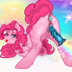 1girls ass blue_eyes butt buttplug creampie cum dildo double_penetration my_little_pony pink_body pink_hair pinkie_pie_(mlp) pony pussy tongue tongue_out