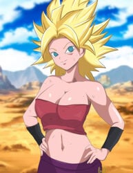 1girls armband artist_request blonde_hair blue_eyes breasts caulifla dragon_ball dragon_ball_super female green_eyes large_breasts light-skinned_female light_skin long_hair pointy_chin saiyan smile solo spiked_hair spiky_hair strapless super_saiyan sweat tubetop