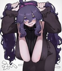 1girls ahoge bare_shoulders big_breasts black_dress blush breasts cleavage dress female female_only hairband hex_maniac hex_maniac_(pokemon_xy) highres hizake hizake_mozu huge_breasts kashu_(hizake) leaning_forward long_hair long_sleeves looking_at_viewer nintendo open_mouth pokemon pokemon_xy purple_eyes purple_hair purple_hairband solo sweat twintails
