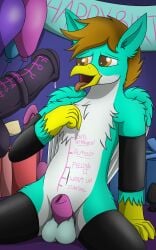 absurd_res arm_warmers armwear avian balloon balls bedroom_eyes birthday birthday_gift birthday_party bodily_fluids body_writing buttplug caged clothing dildo dripping feral fluffy fluffy_chest fluffy_shoulders genital_fluids genitals graded_belly graded_penis gryphon hi_res inflatable latex latex_arm_warmers latex_armwear latex_clothing latex_legwear latex_stockings legwear male male/male multicolored_body mythological_avian mythological_creature mythology narrowed_eyes navel open_mouth penis plug_(sex_toy) precum precum_drip pure_gold_(oc) seductive sex_toy sex_toy_background solo spread_legs spreading stockings tacomytaco tongue tongue_out two_tone_body