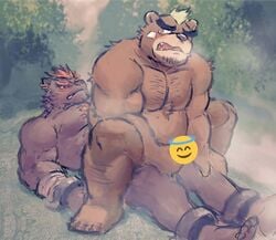 2boys anal ashigara bandage barguest_(tokyo_afterschool_summoners) bear blush censored ear_piercing forest gay male male/male male_only mammal mohawk musclechub outside piercing shackles tears tokyo_afterschool_summoners tree yaoi