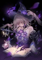 1girls bare_shoulders book breasts breasts_covered brown_hair choker cleavage collar detached_sleeves eyes_half_open feathers female fire flame flower herta_(honkai:_star_rail) highres honkai:_star_rail honkai_(series) irontomb_(honkai:_star_rail) key long_hair looking_down necklace puppet purple_eyes purple_fire purple_nails ribcage robotic_arm rubert_the_third_(honkai:_star_rail) skeleton skull solo the_herta_(honkai:_star_rail) witch witch_hat xingqiba_(974528265)