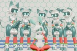 alien balls cable_tail christmas christmas_outfit cyvae_(zyneru) eyewear femboy femboy/femboy genitals glasses green_body group hexagon hexagonal_grid hi_res holidays humanoid machine male male/male meme penis piper_perri_surrounded robot robot_dog robot_humanoid tail white_body z-z zyneru_(character)
