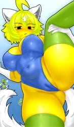 1girls artist_signature belly_bulge belly_button blue_bodysuit blush breasts carla_(chez-arts) chez-arts cleavage female female_only furry_female green_stockings leotard lifting_leg looking_at_viewer mean_look noob pussy_outline pussy_peek roblox roblox_avatar self_upload short_hair signature simple_background solo standing_on_one_leg star thighs tight_fit white_ears white_tail yellow_body yellow_hair