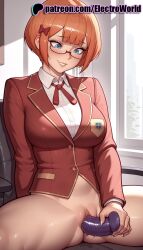 1girls 2025 ai_generated artist_name blue_eyes bokutachi_wa_benkyou_ga_dekinai bottomless bow breasts bust chest clit clitoral_hood clitoris dildo electroworld exposed_clitoris exposed_pussy female glasses hairbow hi_res high_quality high_resolution highres jacket juicy_pussy legs_apart legs_spread masturbation object_insertion ogata_rizu open_legs patreon patreon_username pussy red_bow sex_toy shirt short_hair smile solo splayed_legs spread_legs stable_diffusion tight_pussy uncensored vagina vaginal_object_insertion watermark