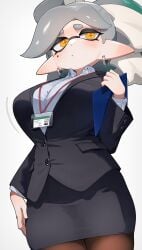 1girls alternate_breast_size_(larger) black_jacket black_skirt breasts brown_pantyhose clipboard closed_mouth collared_shirt commentary_request cross-shaped_pupils dress_shirt earrings expressionless female female_only gradient_hair green_hair grey_hair highres hizake hizake_mozu holding holding_clipboard huge_breasts inkling jacket jewelry kashu_(hizake) lanyard long_pointy_ears long_sleeves marie_(splatoon) medium_hair mole mole_under_eye multicolored_hair nintendo office_lady orange_pupils pantyhose parted_bangs pencil_skirt pointy_ears shirt simple_background skirt solo splatoon splatoon_(series) symbol-shaped_pupils tentacle_hair thick_eyebrows white_background white_shirt yellow_eyes