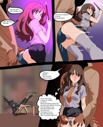 ass breasts brown_eyes brown_hair cameltoe collared_shirt comic dark-skinned_male duo female harry_potter hermione_granger male miniskirt panties pantyshot pressing_against_cheek skirt standing stealth sunnie text text_bubble upskirt